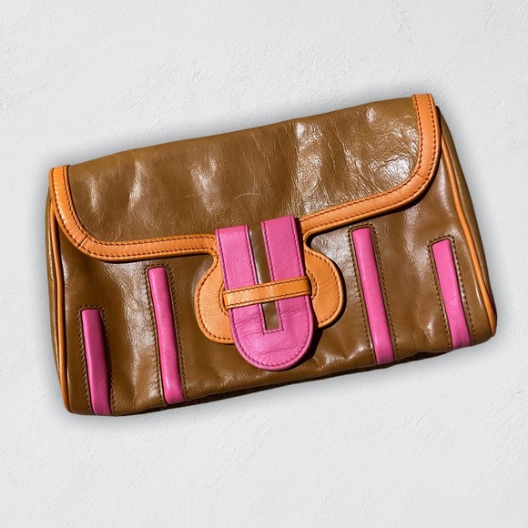 Kate Landry Handbags - Kate Landry Retro Neon Pink Orange Leather Clutch